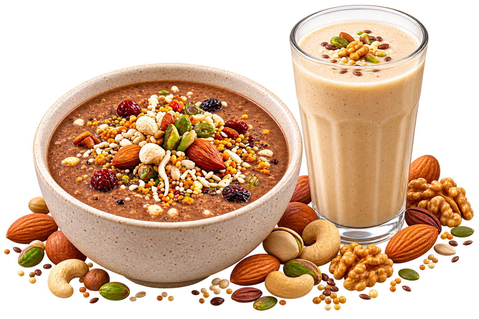 A bowl of Dhaan health mix porridge and a glass of health mix drink