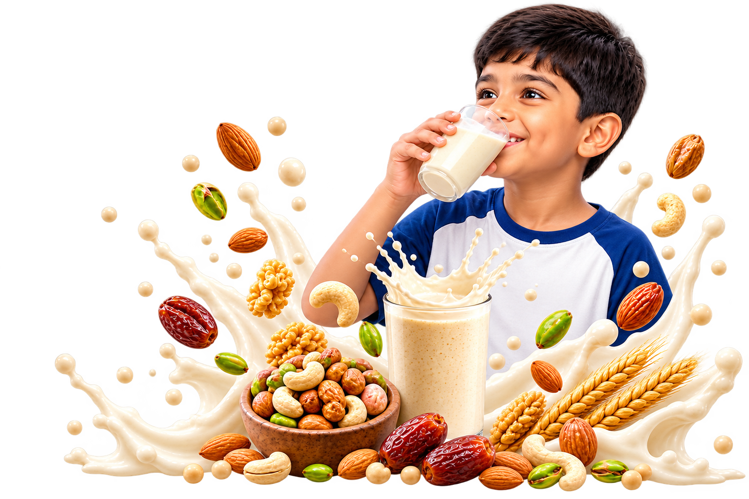 Happy child drinking Dhaan Smart Start health mix